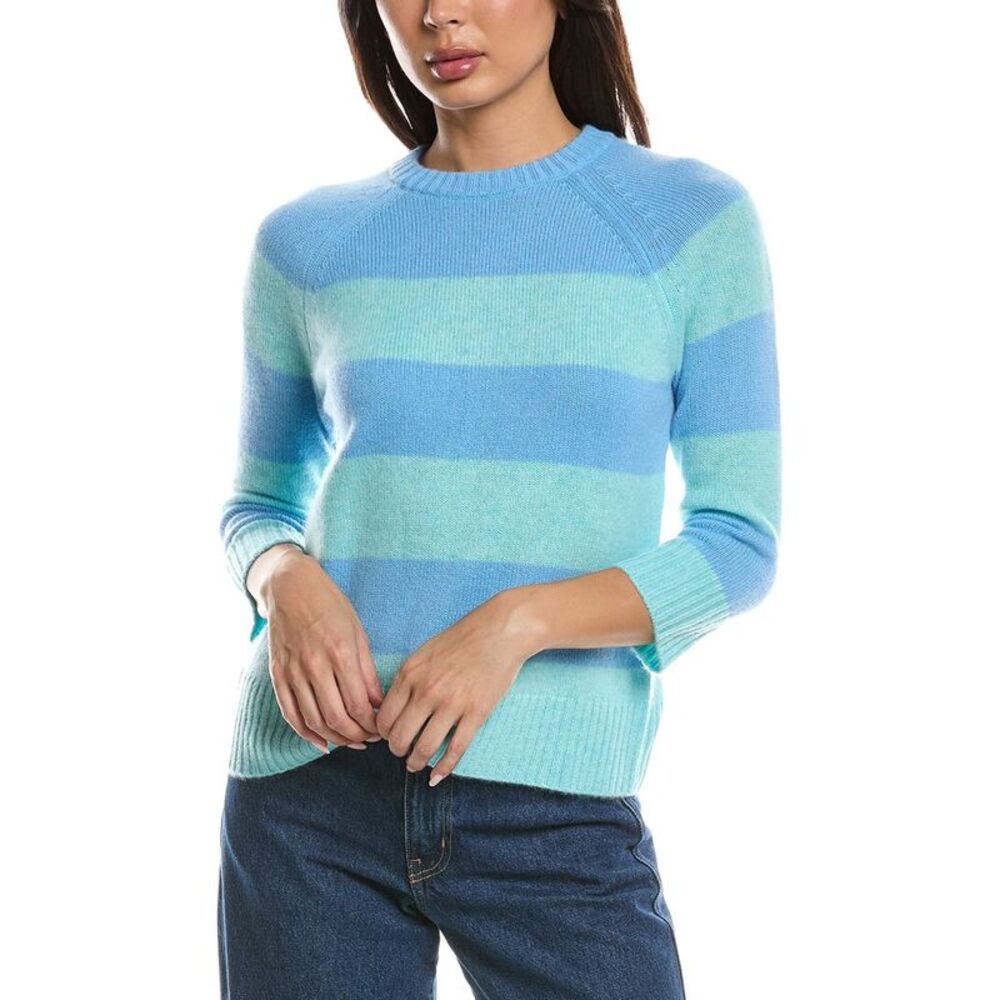 Forte Cashmere Womens  3/4-Sleeve Wide Stripe Crewneck 100% Cashmere Sweater,